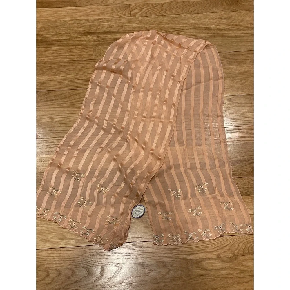 Vtg April Cornell Scarf Sheer Floral Stripe Pink Long 60